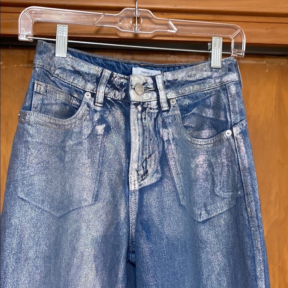 Forever 21 Wide Leg Jeans High Rise Metallic Silvery Iridescent 31” Inseam Denim - Picture 2 of 9